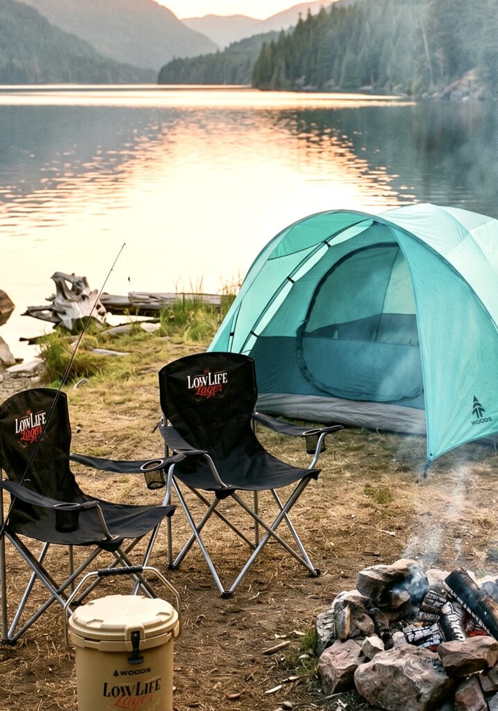 Twin Sails Brewing Sail Into Summer contest — campsite scene with tent, camping chairs, cooler, and campfire by a lakeside